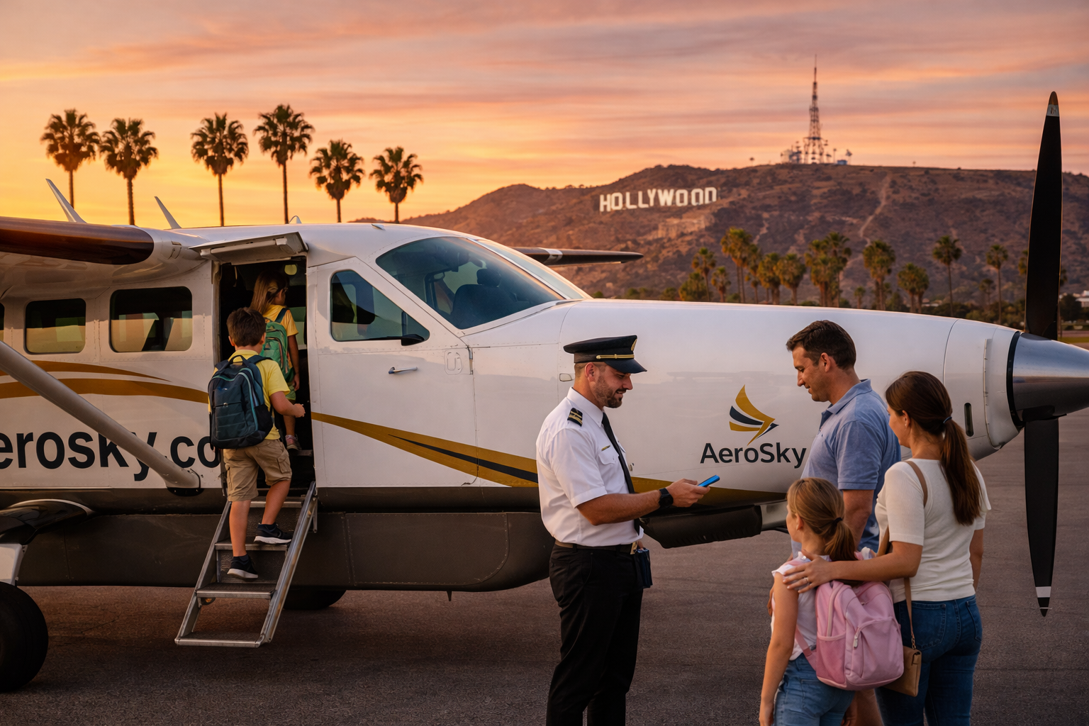 Pilot checks boarding passes for a family boarding a small plane near the Hollywood sign at sunset.