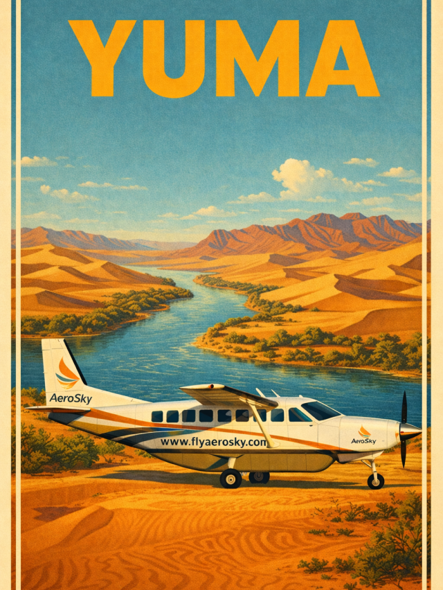 Poster of a plane on desert landscape with 'YUMA' and river in background.