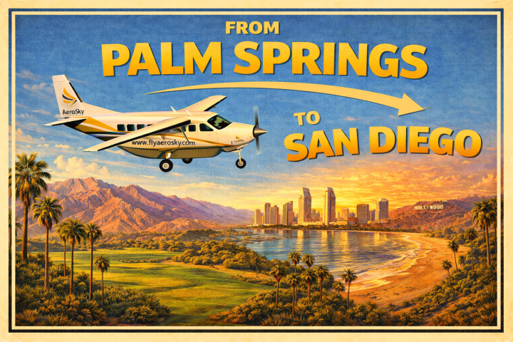 Airplane over a landscape with 'From Palm Springs to San Diego' in bold text.