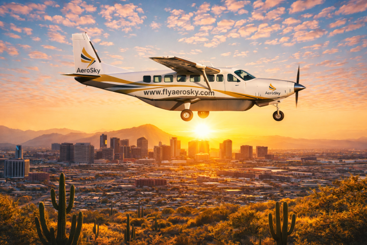 Plane flies over cityscape at sunset with cacti and mountains in the background.