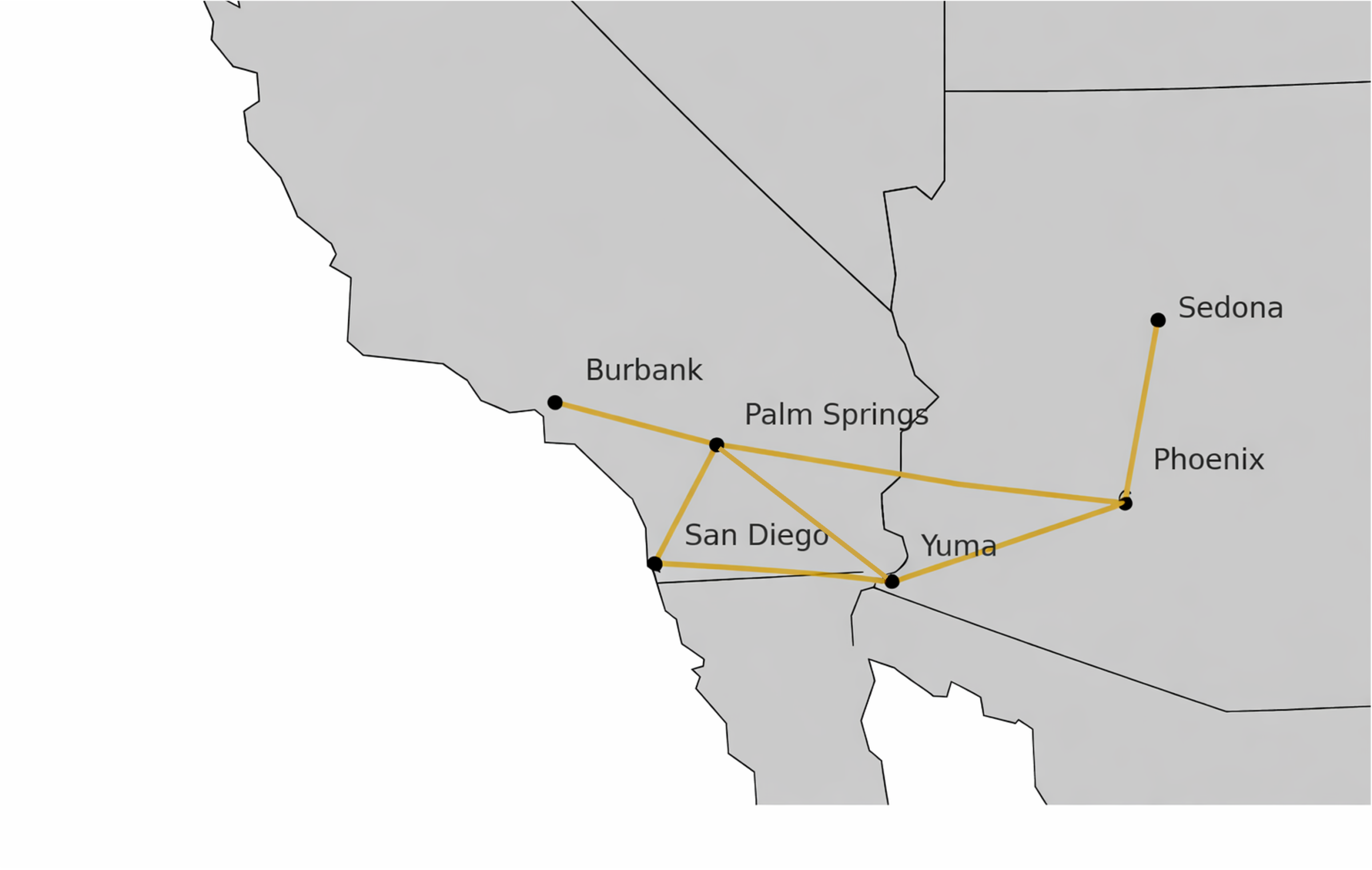 Map showing routes connecting Burbank, Palm Springs, San Diego, Yuma, Phoenix, and Sedona.