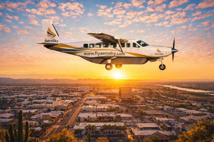White airplane flying over cityscape at sunset with colorful sky.