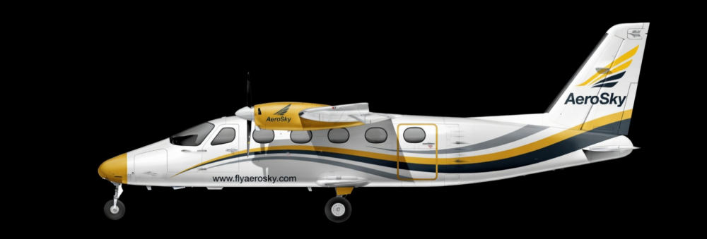 Small aircraft with AeroSky logo and gold stripes on black background.